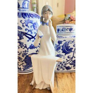 Casades Porcelain Figurine Woman Iron & Ironing Board Made in Spain Blue White